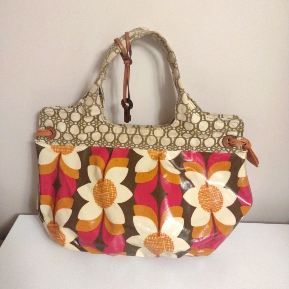Vintage Fossil Key Per Coated Canvas Tote Handbag Purse 18" W
